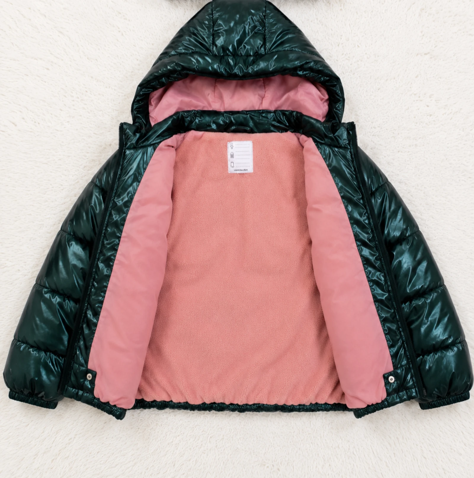 Shiny pearl green hooded down jacket lined with pink fleece 14 years old 👒 – photo 4